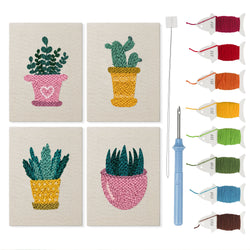 Heart Pot Succulents mini punch needle kit set: four finished canvases with threads, punch needle and threader