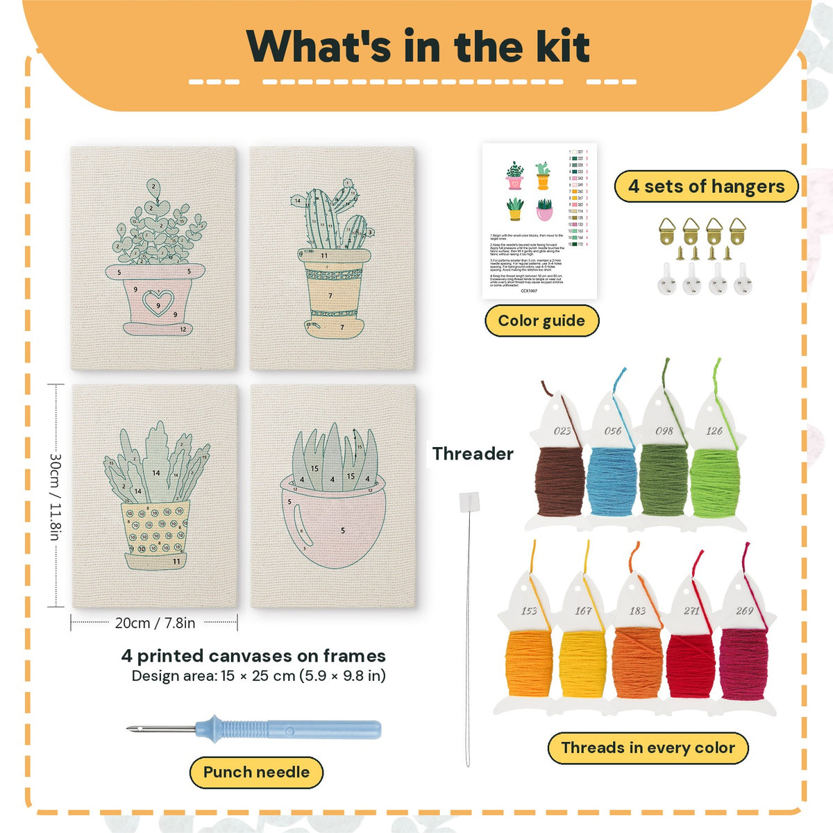 What is in the Heart Pot Succulents set, 8 × 12 in (20 × 30 cm) each: 4 printed canvases, punch needle, threader, threads, color guide and 4 sets of hangers