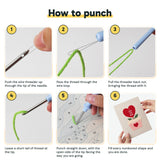 Six steps showing how to thread and use the punch needle