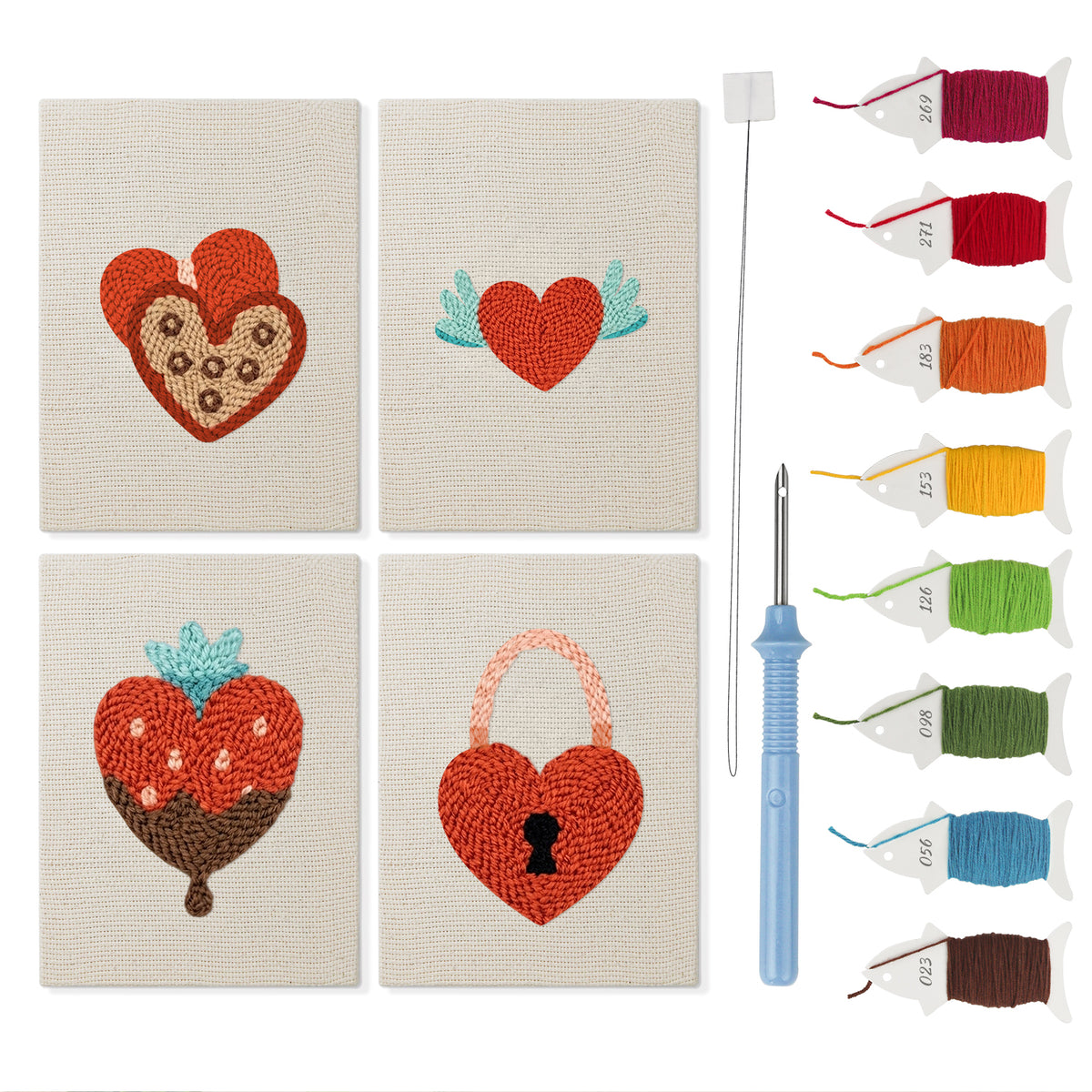 Hearts and Wings mini punch needle kit set: four finished canvases with threads, punch needle and threader