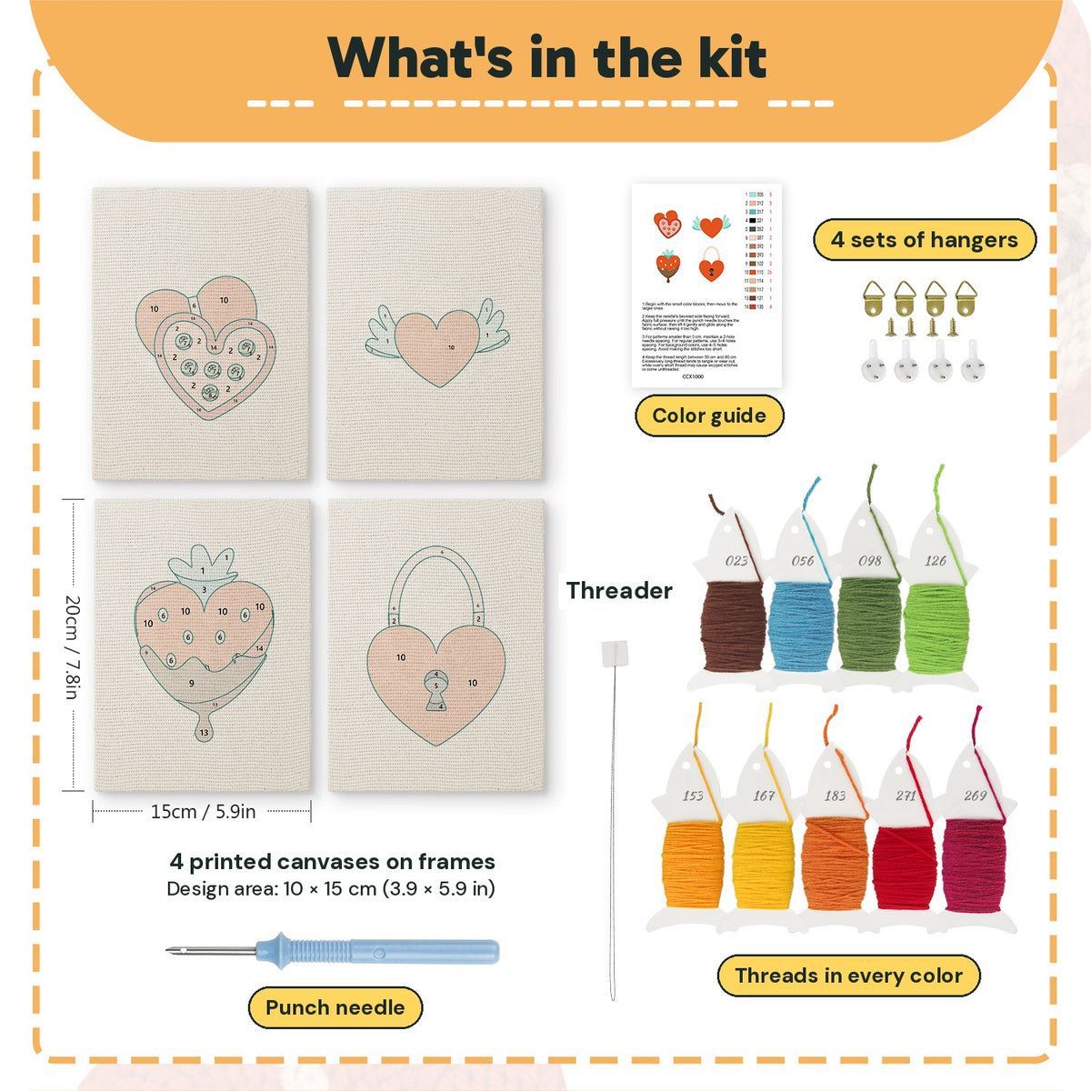 What is in the Hearts and Wings set: 4 printed canvases, punch needle, threader, threads, color guide and 4 sets of hangers (6 × 8 in (15 × 20 cm) each)