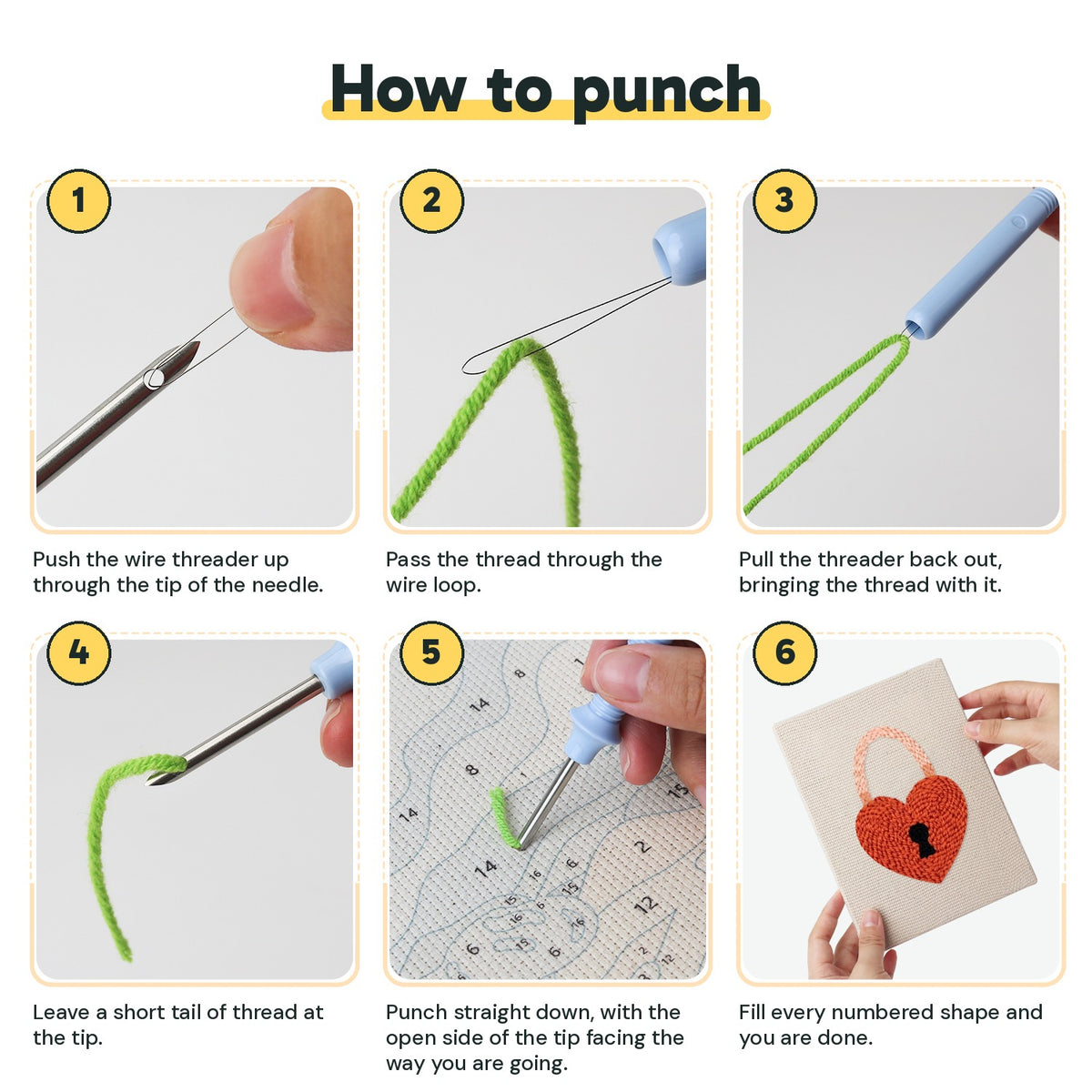 Six steps showing how to thread and use the punch needle