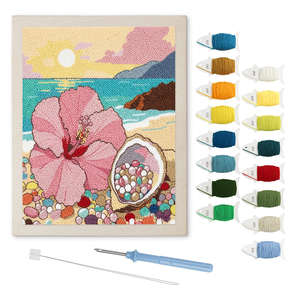 Hibiscus Beach punch needle kit: finished canvas with threads, punch needle and threader