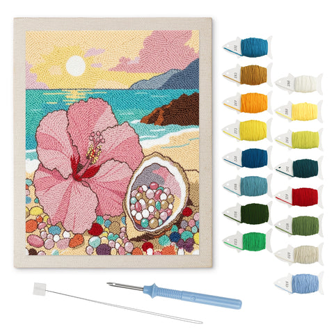 Hibiscus Beach punch needle kit: finished canvas with threads, punch needle and threader