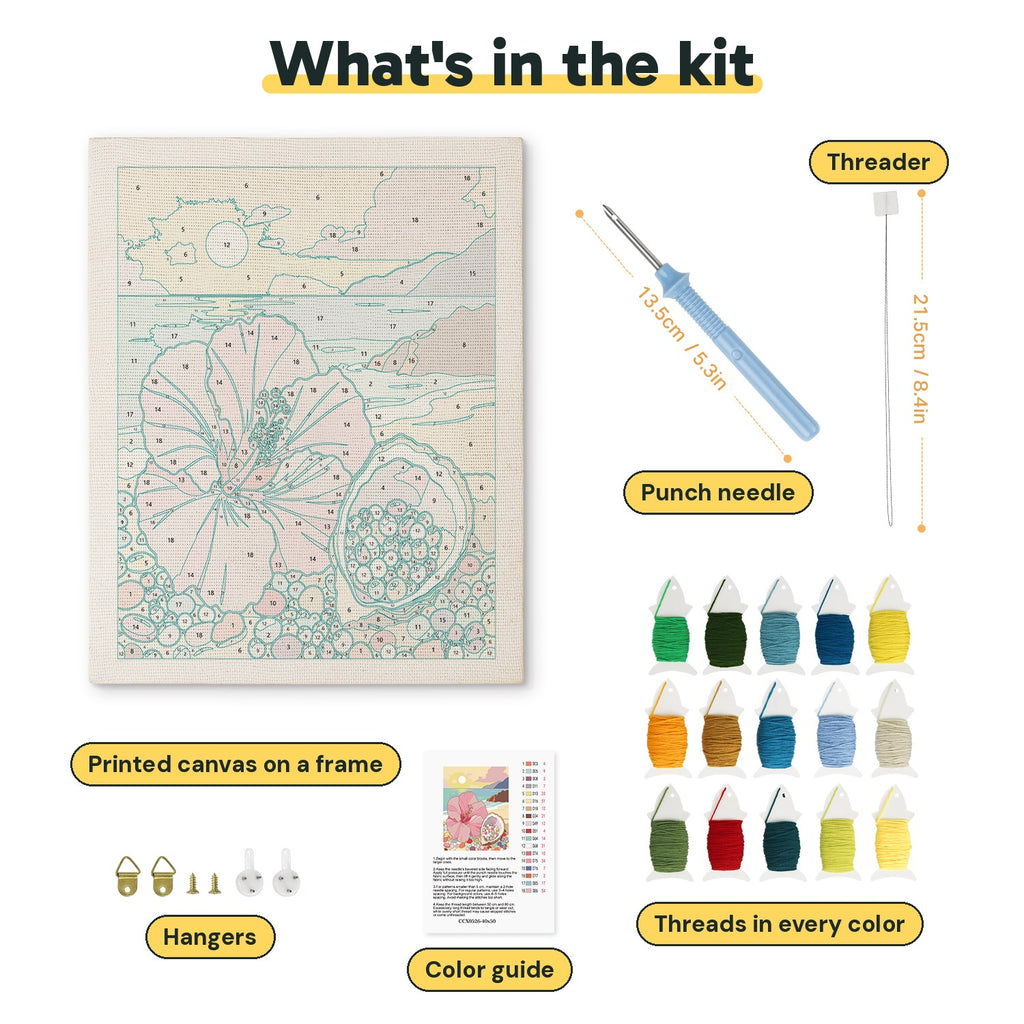 What is in the Hibiscus Beach kit: printed canvas, punch needle, threader, threads, color guide and hangers