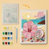 Hibiscus Beach canvas before and after punching, with the threads and tools