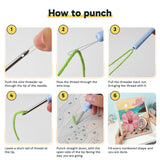 Six steps showing how to thread and use the punch needle
