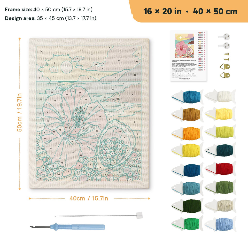 Hibiscus Beach punch needle kit, 16 × 20 in (40 × 50 cm): canvas size and kit contents