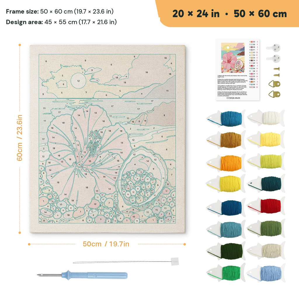 Hibiscus Beach punch needle kit, 20 × 24 in (50 × 60 cm): canvas size and kit contents