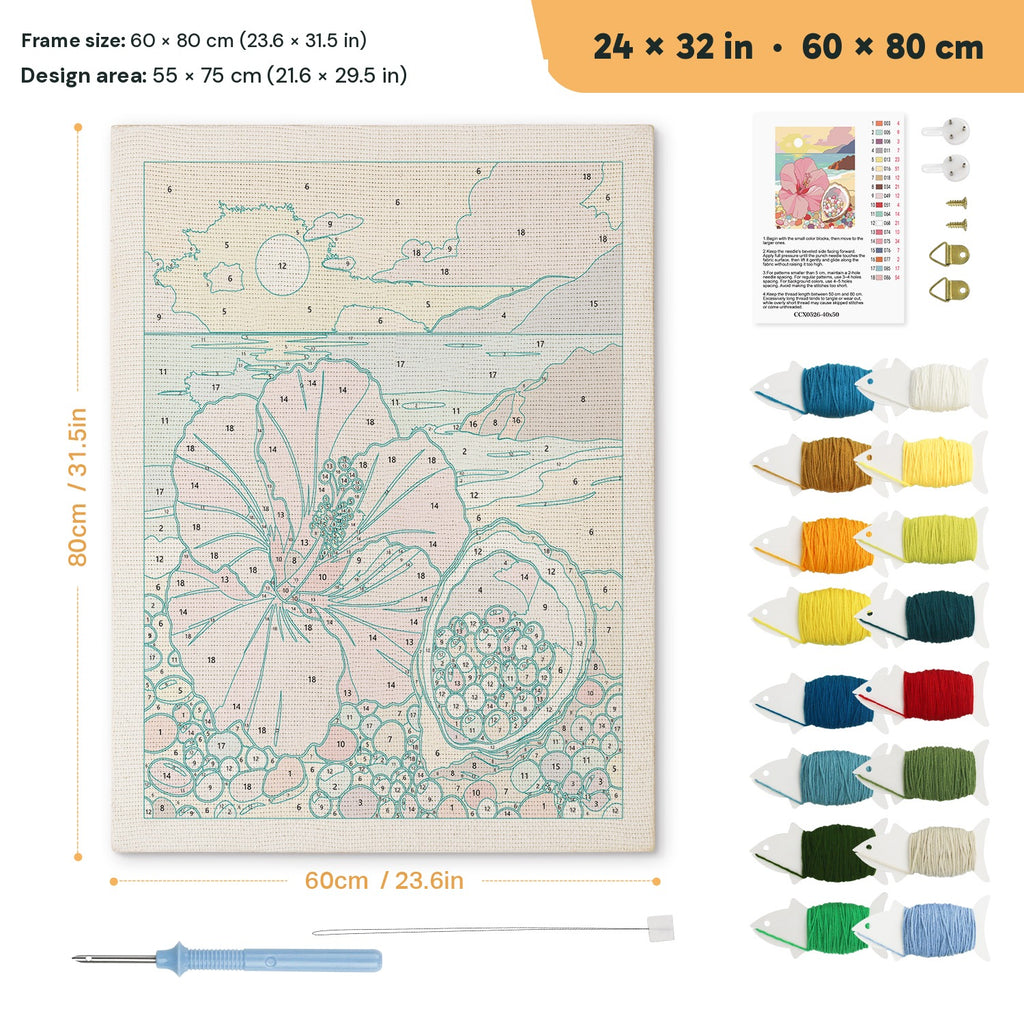 Hibiscus Beach punch needle kit, 24 × 32 in (60 × 80 cm): canvas size and kit contents