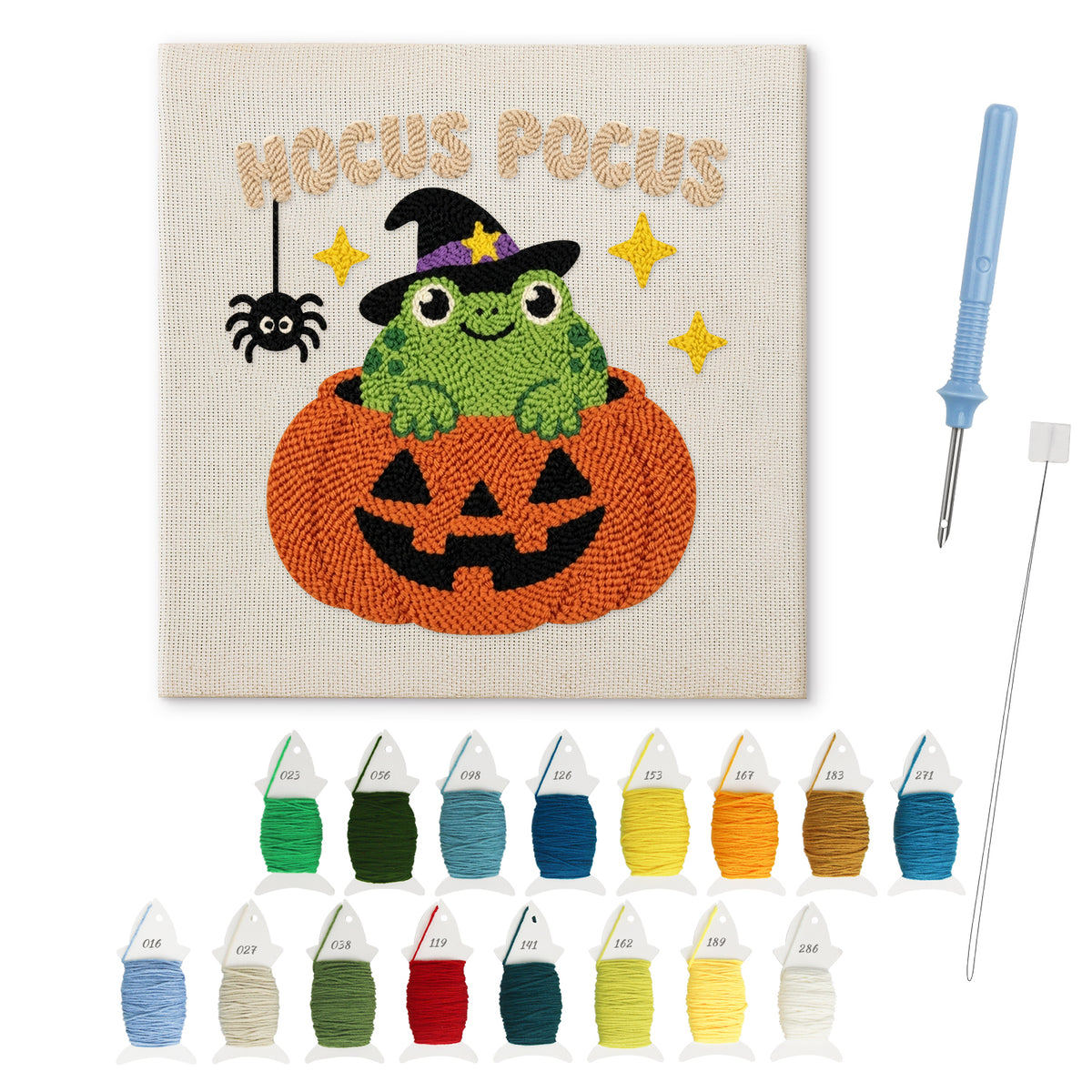 Hocus Pocus Frog punch needle kit: finished canvas with threads, punch needle and threader