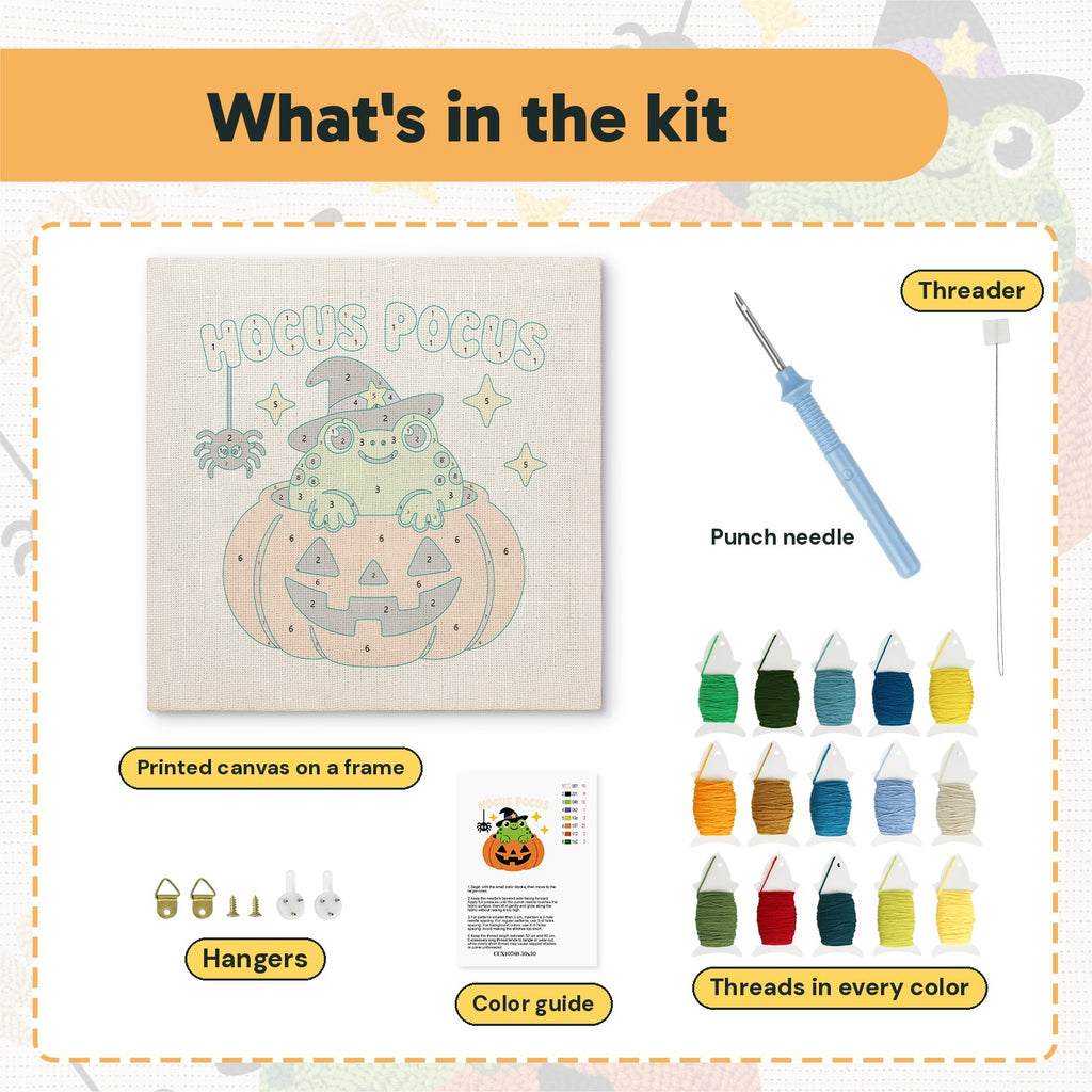 What is in the Hocus Pocus Frog kit: printed canvas, punch needle, threader, threads, color guide and hangers