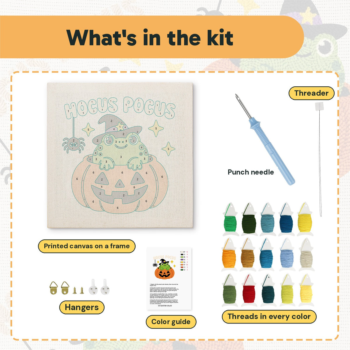 What is in the Hocus Pocus Frog kit: printed canvas, punch needle, threader, threads, color guide and hangers