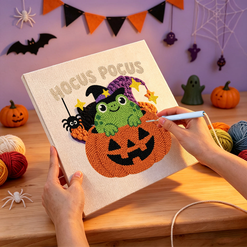 Punching the Hocus Pocus Frog design with the punch needle