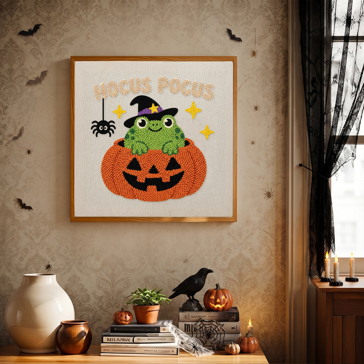 Finished Hocus Pocus Frog punch needle canvas on a wall