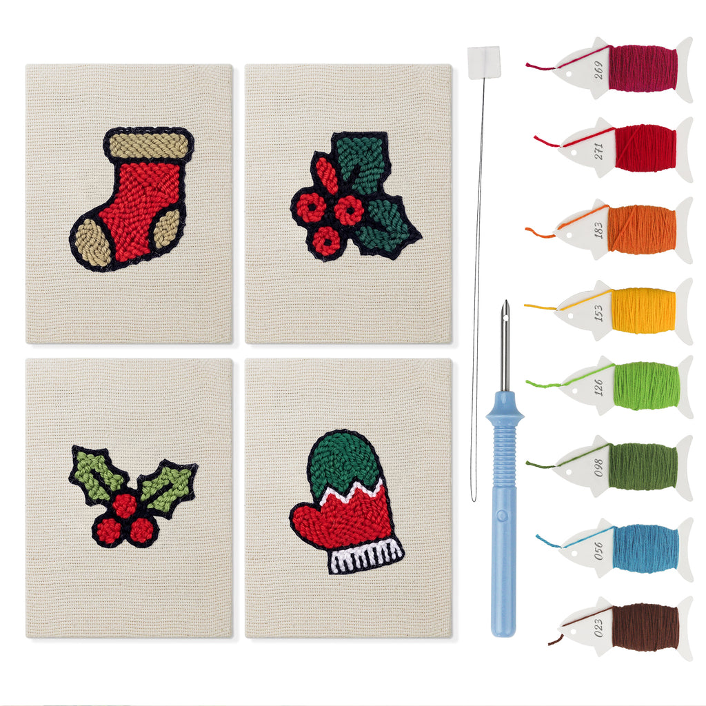 Holly and Mitten mini punch needle kit set: four finished canvases with threads, punch needle and threader