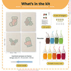 What is in the Holly and Mitten set: 4 printed canvases, punch needle, threader, threads, color guide and 4 sets of hangers (6 × 8 in (15 × 20 cm) each)
