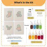 What is in the Holly and Mitten set: 4 printed canvases, punch needle, threader, threads, color guide and 4 sets of hangers (6 × 8 in (15 × 20 cm) each)