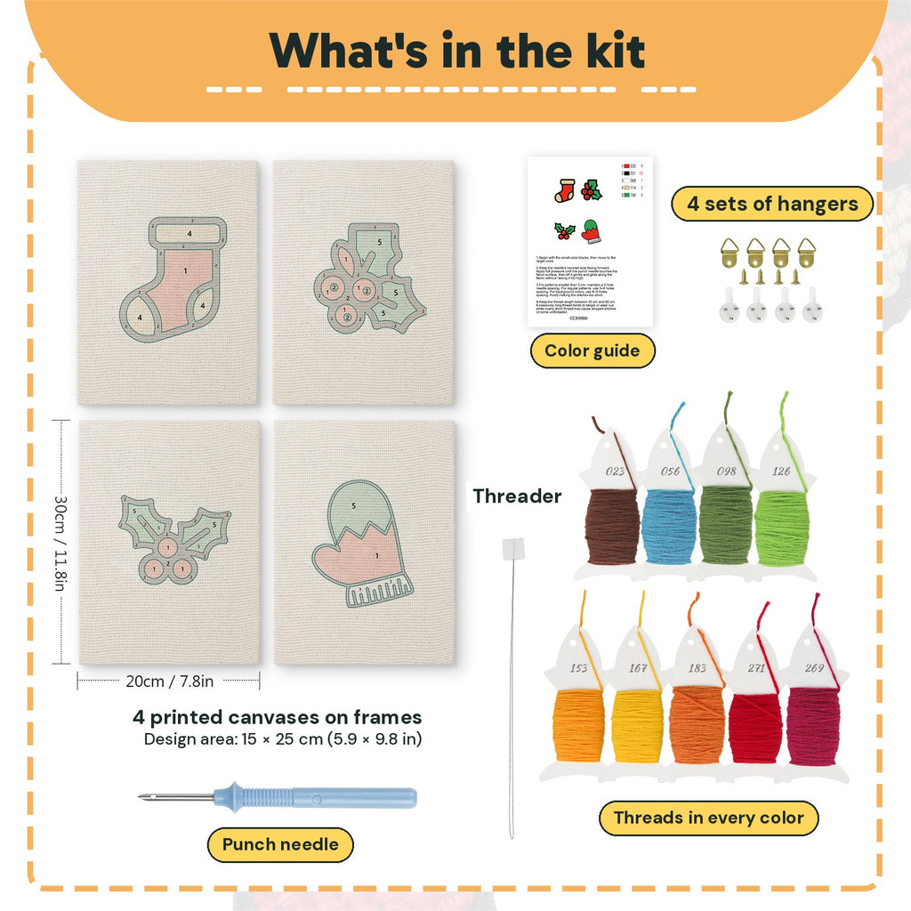 What is in the Holly and Mitten set, 8 × 12 in (20 × 30 cm) each: 4 printed canvases, punch needle, threader, threads, color guide and 4 sets of hangers