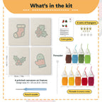 What is in the Holly and Mitten set, 8 × 12 in (20 × 30 cm) each: 4 printed canvases, punch needle, threader, threads, color guide and 4 sets of hangers