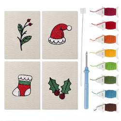 Holly and Sprig mini punch needle kit set: four finished canvases with threads, punch needle and threader