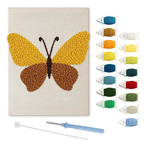 Honey Brown Butterfly punch needle kit: finished canvas with threads, punch needle and threader