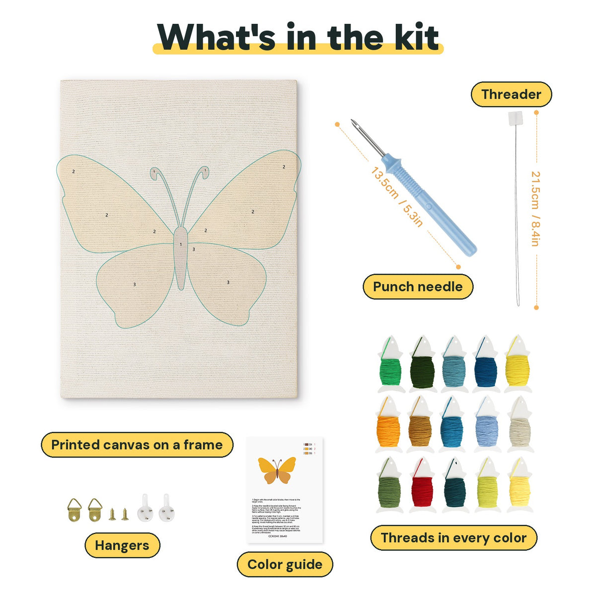 What is in the Honey Brown Butterfly kit: printed canvas, punch needle, threader, threads, color guide and hangers