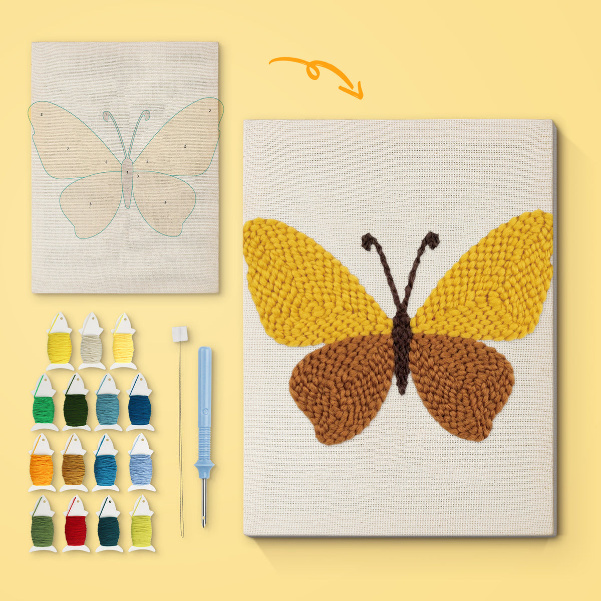Honey Brown Butterfly canvas before and after punching, with the threads and tools
