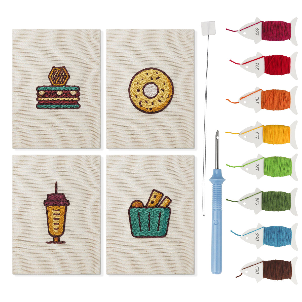 Honeycomb Cake Treats mini punch needle kit set: four finished canvases with threads, punch needle and threader
