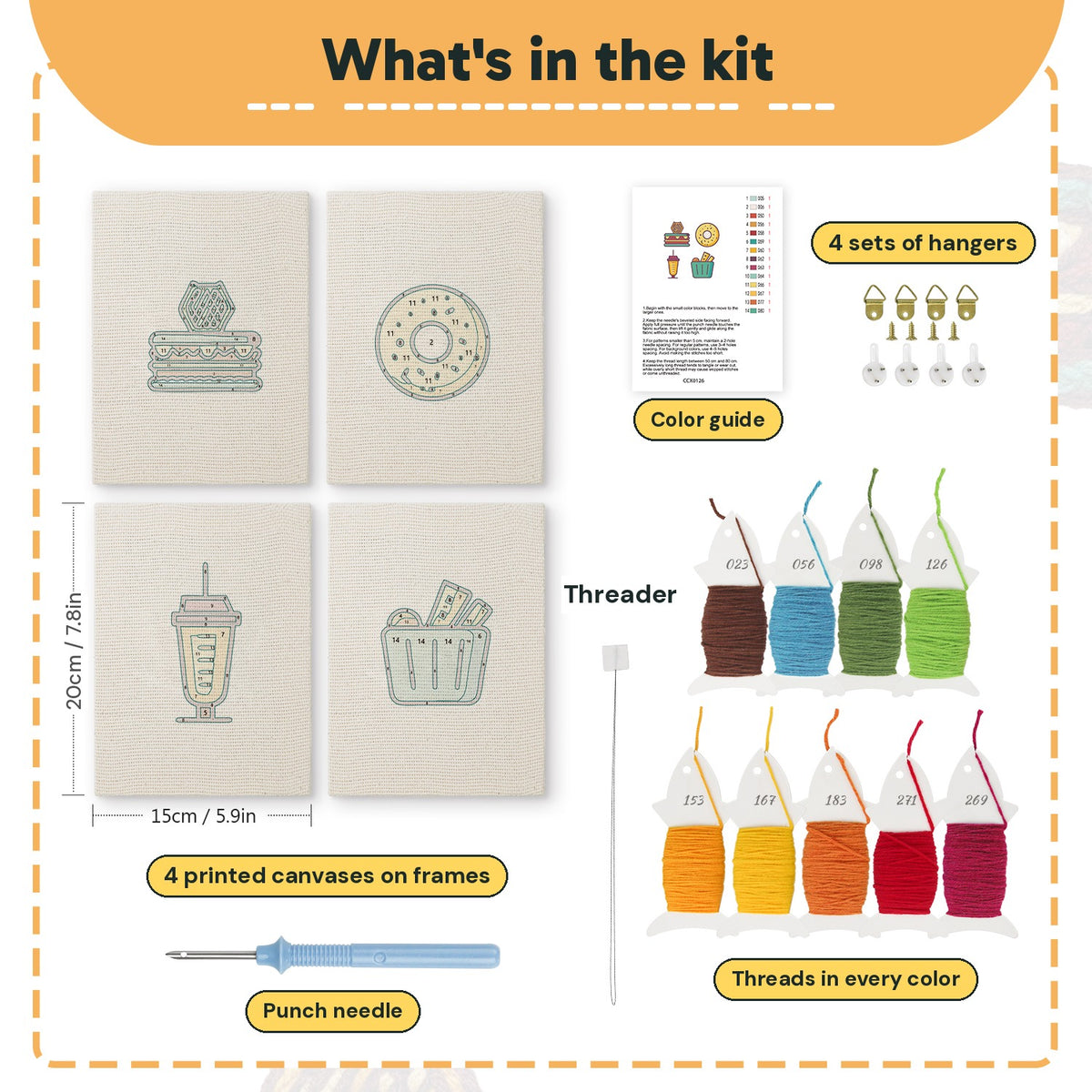 What is in the Honeycomb Cake Treats set: 4 printed canvases, punch needle, threader, threads, color guide and 4 sets of hangers (6 × 8 in (15 × 20 cm) each)