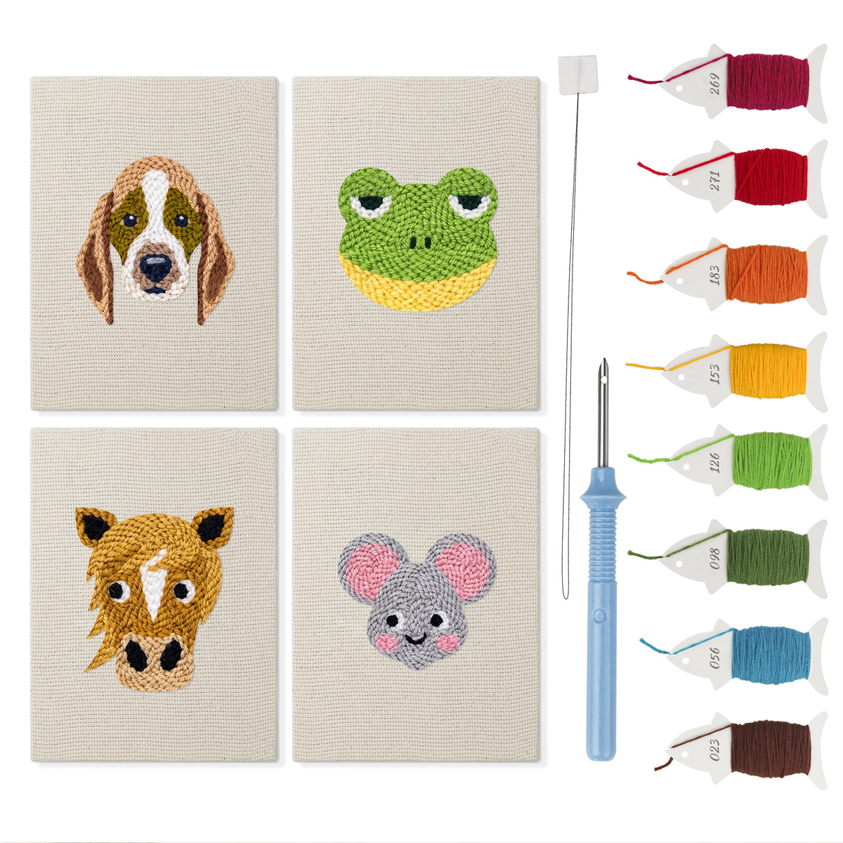 Horse and Frog mini punch needle kit set: four finished canvases with threads, punch needle and threader