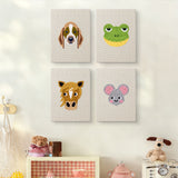 The four Horse and Frog mini canvases on a wall above a shelf