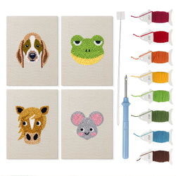 Horse and Frog mini punch needle kit set: four finished canvases with threads, punch needle and threader