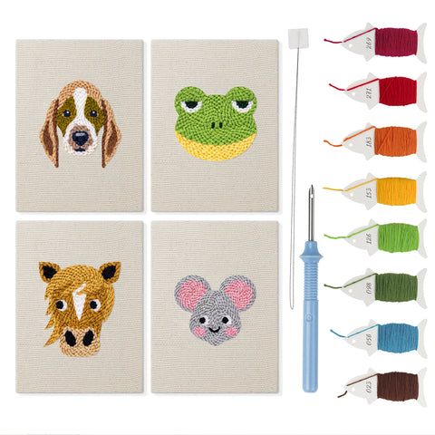 Horse and Frog mini punch needle kit set: four finished canvases with threads, punch needle and threader