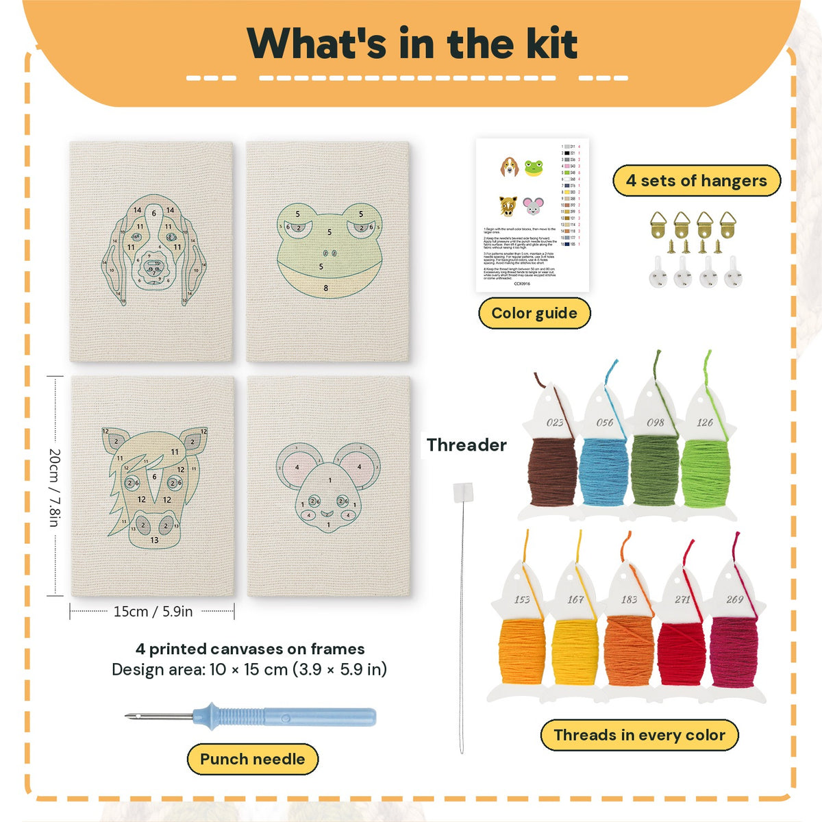 What is in the Horse and Frog set: 4 printed canvases, punch needle, threader, threads, color guide and 4 sets of hangers (6 × 8 in (15 × 20 cm) each)