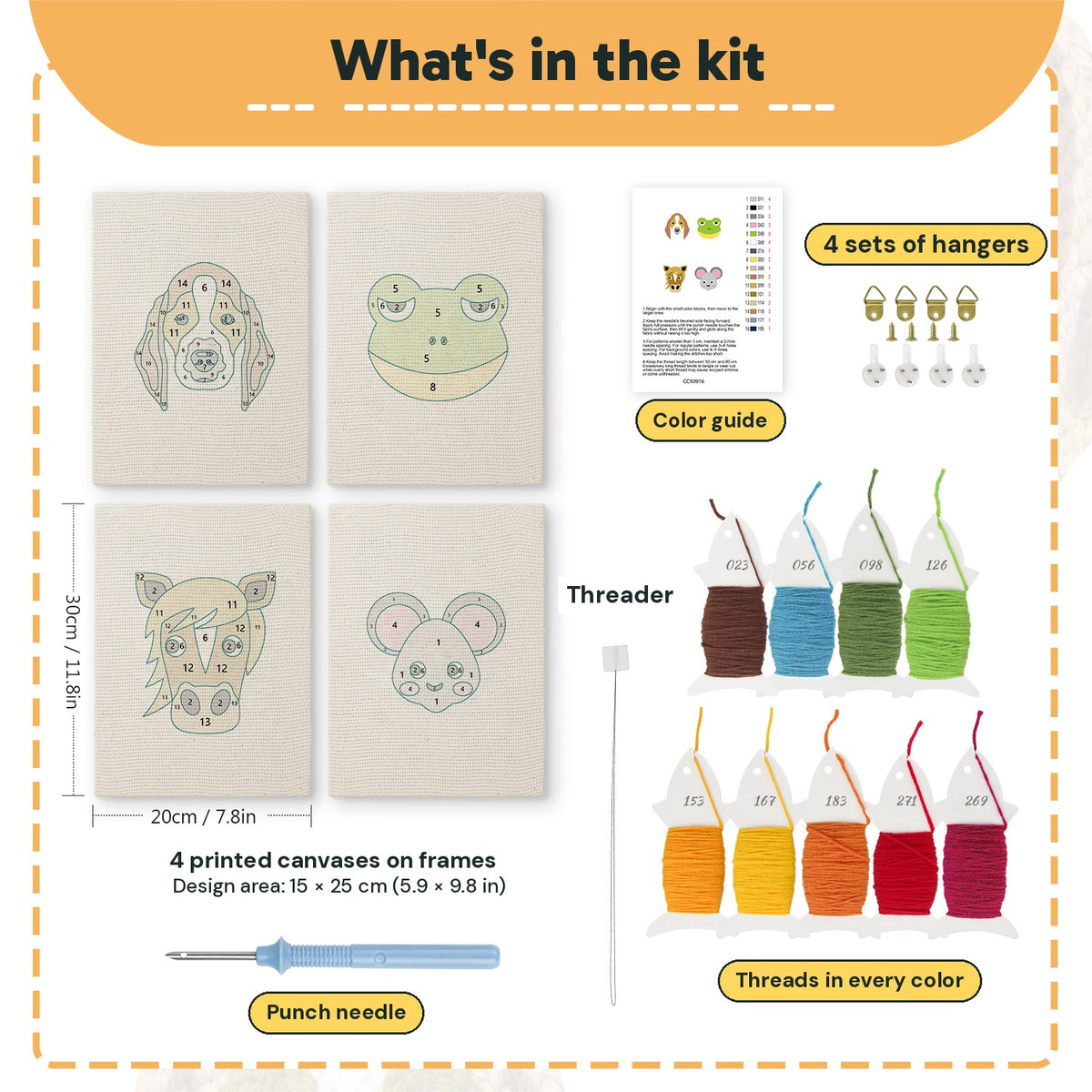 What is in the Horse and Frog set, 8 × 12 in (20 × 30 cm) each: 4 printed canvases, punch needle, threader, threads, color guide and 4 sets of hangers