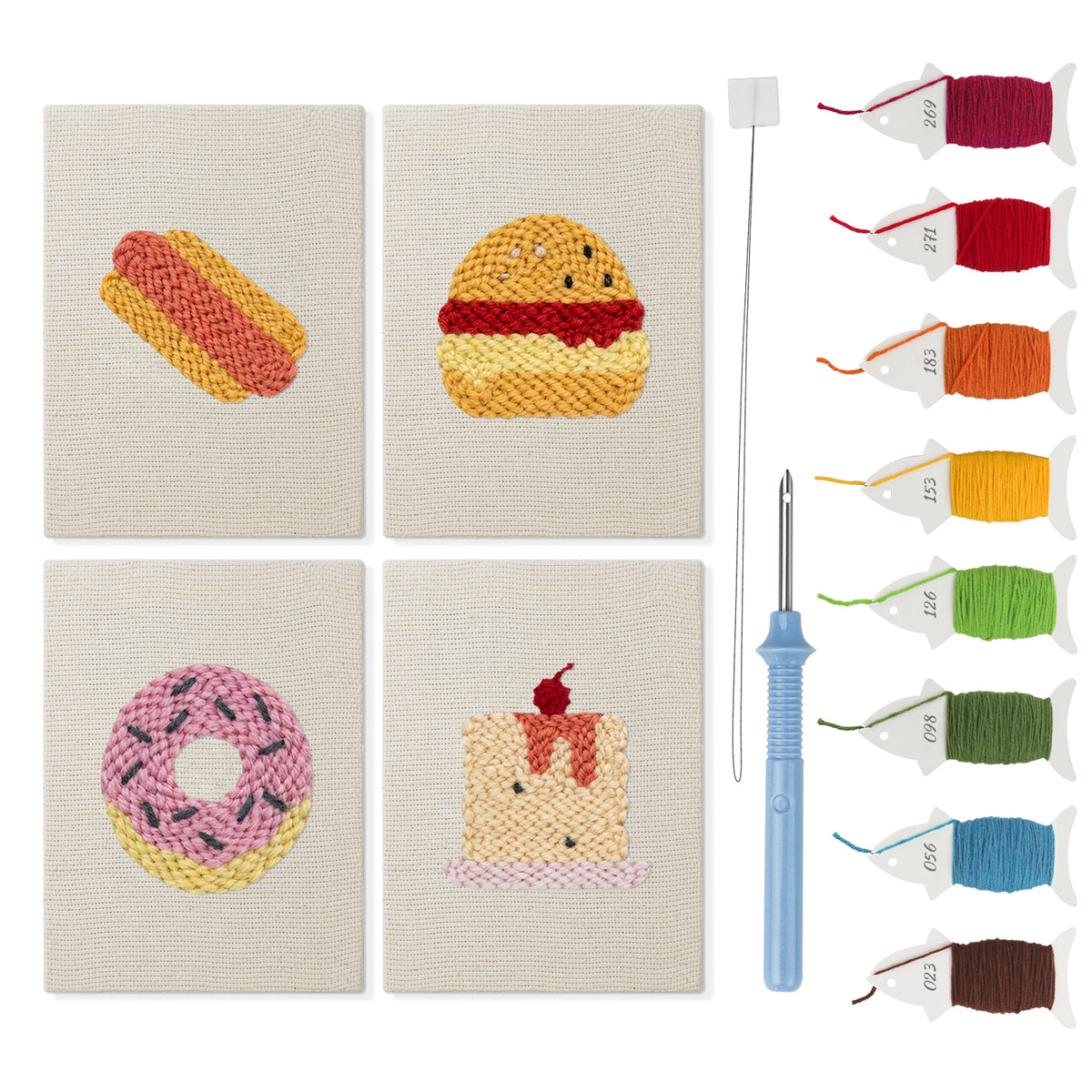 Hot Dog Diner mini punch needle kit set: four finished canvases with threads, punch needle and threader