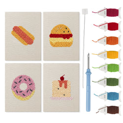 Hot Dog Diner mini punch needle kit set: four finished canvases with threads, punch needle and threader