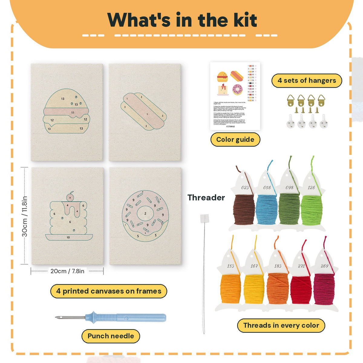 What is in the Hot Dog Diner set, 8 × 12 in (20 × 30 cm) each: 4 printed canvases, punch needle, threader, threads, color guide and 4 sets of hangers