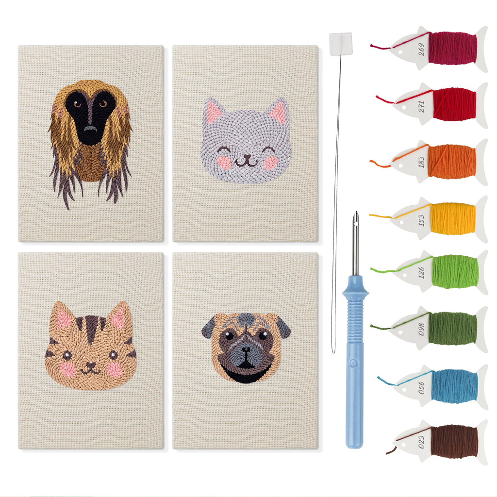 Hound and Kittens mini punch needle kit set: four finished canvases with threads, punch needle and threader