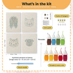 What is in the Hound and Kittens set: 4 printed canvases, punch needle, threader, threads, color guide and 4 sets of hangers (6 × 8 in (15 × 20 cm) each)