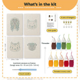 What is in the Hound and Kittens set: 4 printed canvases, punch needle, threader, threads, color guide and 4 sets of hangers (6 × 8 in (15 × 20 cm) each)