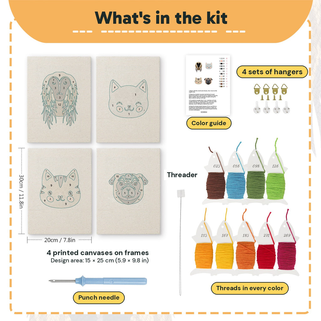 What is in the Hound and Kittens set, 8 × 12 in (20 × 30 cm) each: 4 printed canvases, punch needle, threader, threads, color guide and 4 sets of hangers