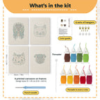 What is in the Hound and Kittens set, 8 × 12 in (20 × 30 cm) each: 4 printed canvases, punch needle, threader, threads, color guide and 4 sets of hangers