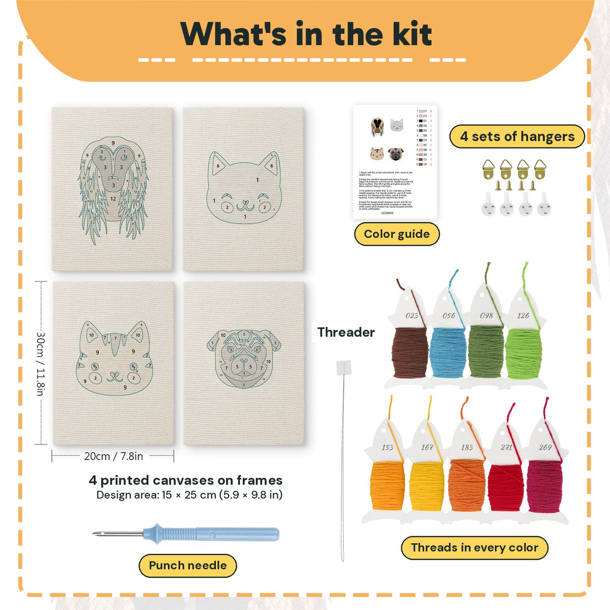 What is in the Hound and Kittens set, 8 × 12 in (20 × 30 cm) each: 4 printed canvases, punch needle, threader, threads, color guide and 4 sets of hangers