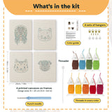 What is in the Hound and Kittens set, 8 × 12 in (20 × 30 cm) each: 4 printed canvases, punch needle, threader, threads, color guide and 4 sets of hangers