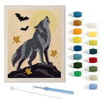 Howling Gray Wolf punch needle kit: finished canvas with threads, punch needle and threader