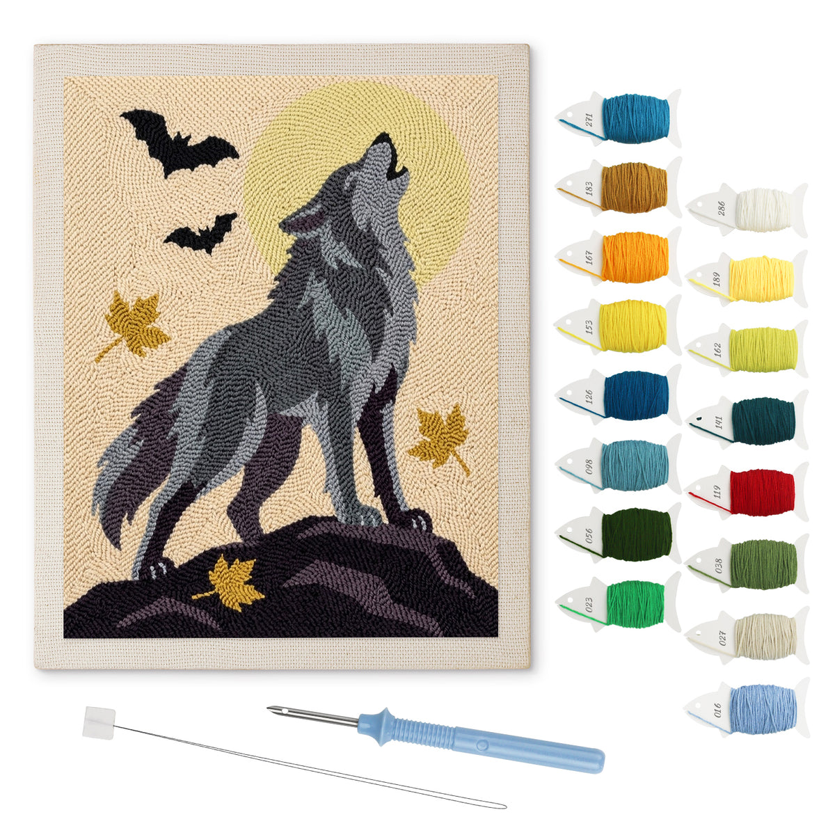 Howling Gray Wolf punch needle kit: finished canvas with threads, punch needle and threader