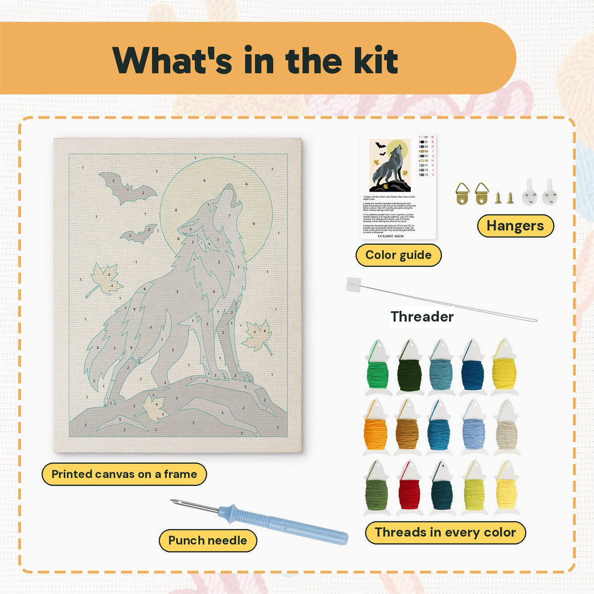 What is in the Howling Gray Wolf kit: printed canvas, punch needle, threader, threads, color guide and hangers