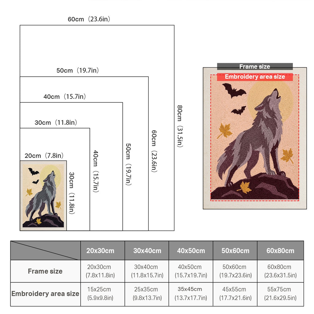 Size chart for punch needle kits from 20 x 30 cm to 60 x 80 cm